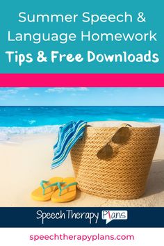 a beach bag, flip flops and sunglasses on the sand with text overlay reading summer speech & language homework tips & free