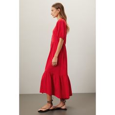 Red (100% Cotton). Casual dress. Short sleeves. V-neck. Front button closure. 47" from shoulder to hemline. Made in the USA.¬† Casual Red V-neck Midi Dress, Red V-neck Midi Dress With Button Closure, Red Buttoned Maxi Dress For Summer, Red Midi Dress With Button Closure, Red V-neck Maxi Dress For Work, Red V-neck Viscose Dress, Red Viscose Maxi Dress, Red V-neck Dress With Buttons, Casual Red V-neck Dress For Spring