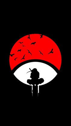 an eye with birds flying over it in the night sky, against a red and black background