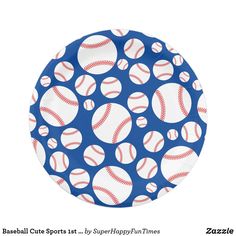 a blue and white pattern with baseballs on it