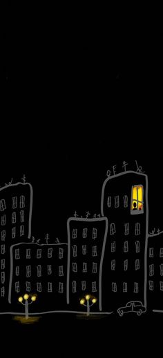 a drawing of a city at night with buildings and street lights in the foreground