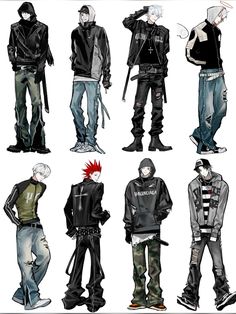 six different poses of people in black and white outfits, one with red mohawk hair