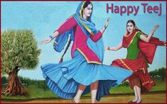 happy teej with two women dancing in front of a tree and the words'happy teej'written on it