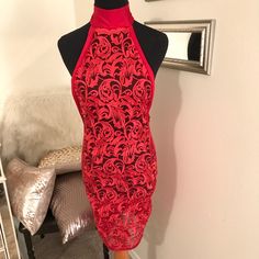 Dress Is Custom Made Glamorous Red Stretch Dresses, Sleeveless Lace Dinner Dress, Red Dinner Dresses For Party Season, Red Dress For Dinner Party Season, Red Dresses For Dinner Parties, Red Dress For Dinner During Party Season, Red Dresses For Dinner And Party Season, Elegant Red Stretch Mini Dress, Red Stretch Mini Dress For Cocktail