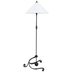 a floor lamp with a white shade on the top and an iron rod around it