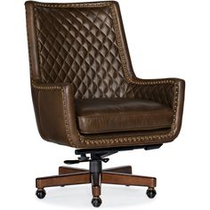 a brown leather office chair with wheels