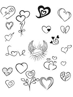 hearts and arrows drawn in black ink on a white background with the word love written below it