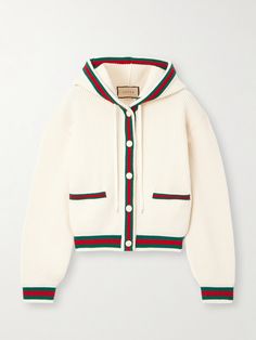 Dressing comfortably is rarely as chic as when Gucci is involved. This hooded cardigan is made from wool with a ribbed finish that mirrors the webbing-style striped trims. Complete the set by teaming it with the matching track pants. Gucci Cardigan, Gucci Sweater, Silk Cardigan, Gucci Outfits, Cardigan Beige, Beige Cardigan, Ribbed Cardigan, Roger Vivier, Hooded Cardigan