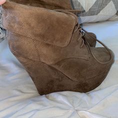 Almost Brand New. Only Wore Twice. Suede . Dress Up Or Dress Down!! Chic Brown Wedge Boots For Spring, Brown Suede Slip-on Wedge Sandals, Brown Synthetic Wedge Sandals With 4-inch Heel, Suede Dress, Closed Toe Shoes, Suede Wedges, Womens Shoes Wedges, Dressed Down, Wedges