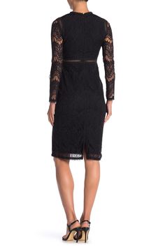 Chic lace constructs this adorable long sleeves dress, a perfect pick for your next soiree. 42" length (size S) Crewneck Long lace sleeves Sheer lattice waist panel Lined Self/lining: 100% polyester Machine wash Imported Model's stats for sizing: - Height: 5'9" - Bust: 34" - Waist: 23" - Hips: 35" Model is wearing size S. Long Sleeve Scalloped Lace Dress, Formal Long Sleeve Dresses With Scalloped Lace, Formal Long Sleeve Lace Dress With Lace Sleeves, Formal Fitted Long Sleeve Dress With Lace Sleeves, Formal Long Sleeve Lace Dress With Scalloped Lace, Formal Long Sleeve Dress With Lace Sleeves, Formal Lace Dress With Long Lace Sleeves, Chic Long Sleeve Lace Dress For Formal Events, Chic Long Sleeve Lace Dress For Formal Occasions