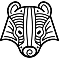 a black and white drawing of a bear's head with stripes on it, in the shape of a mask