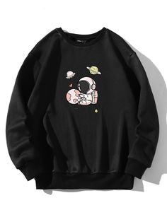 Black Casual Collar Long Sleeve Polyester Cartoon Pullovers Embellished Slight Stretch Fall/Winter Women Sweatshirts Women Sweatshirts, Dropped Shoulder Sweatshirt, Cute Simple Outfits, Teenage Fashion Outfits