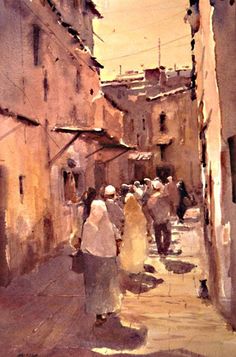 watercolor painting of people walking down an alley way