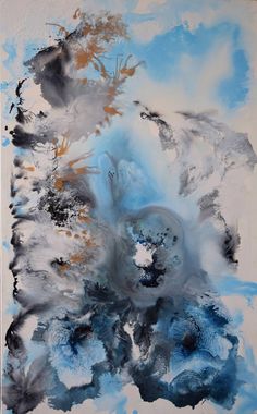 an abstract painting with blue and gray colors