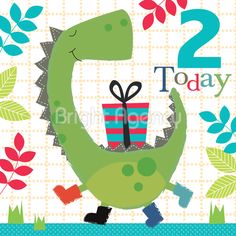 a green dinosaur holding a gift box with the number two today on it's back