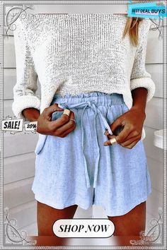 Loose Casual Cotton Shorts with Belt Casual Non-stretch Shorts For Vacation, Casual Non-stretch Beach Shorts, Casual Non-stretch Vacation Shorts, Non-stretch Casual Beach Shorts, Non-stretch Beach Shorts, Solid Color Shorts For Day Out In Spring, High Waist Shorts For Vacation, Casual Fall Shorts For Day Out, Blue Bottoms For Fall Vacation