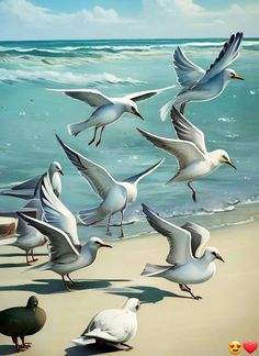 a painting of seagulls on the beach with waves coming in from the ocean