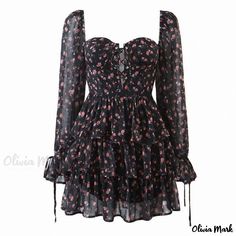 Olivia Mark - Black Ditsy Floral Sweetheart Lace-Up Bishop Sleeve Tiered Mini Dress Puff Long Sleeve Dress, Floral Print Chiffon Dress, Floral Embellishment, Floral Bustier, Print Chiffon Dress, Floral Print Chiffon, Puff Long Sleeves, Flower Print Dress, Long Sleeve Print Dress