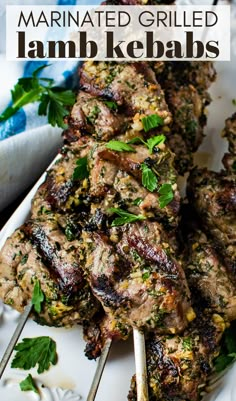 grilled lamb kebabs on a platter. Lamb Skewers Recipes, Lamb Chunks Recipes, Italian Kebab, Lamb Kebabs Recipes Skewers, Lamb Kabobs On The Grill, Lamb Marinade Recipes, Lamb Kabob Marinade