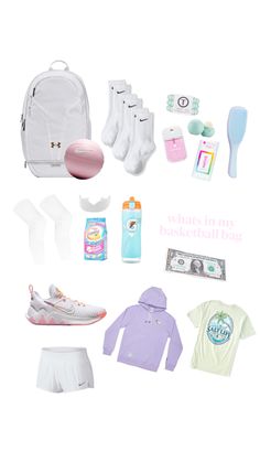 the contents of a white backpack, shoes, and other items are arranged on a white background