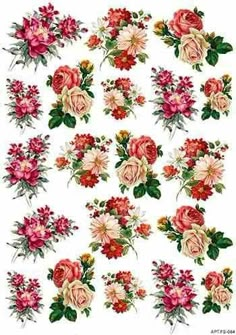 a bunch of flowers that are on top of a white sheet with red and pink flowers