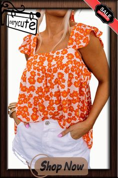 Orange Floral Print Square Neck Ruffle Tank Top Orange Floral Print, Ruffle Tank Top, Tank Top Women, Neck Ruffle, Top Women, Women Tops, Square Neck, Floral Print, Floral Prints