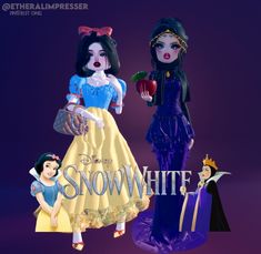 snow white and other disney princesses are standing next to each other in front of a purple background