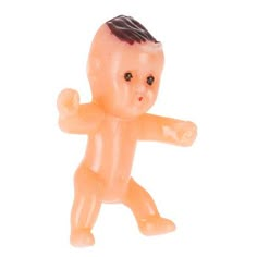 an orange plastic baby doll with one hand in the shape of a man's head