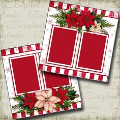 two red christmas cards with poinsettis and holly on the bottom one is blank