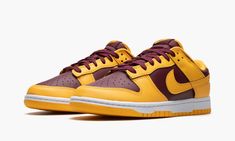 The Nike Dunk Low “Arizona State” is a two-tone colorway of the retro basketball shoe that draws inspiration from the Arizona State Sun Devils’ team uniform colors.  The “Arizona State” Dunk Low is yet another college basketball-inspired look for the shoe that debuted as the sport’s first team sneaker back in 1985.  In spite of its lack of official affiliation with Arizona State, the colorway nonetheless nods to the school and its basketball team with its maroon-and-yellow design.  The base of t Dunks Burgundy, Sneaker Displays, Sneakers Box, Retro Basketball Shoes, Retro Basketball, Sun Devils, Yellow Design, Marina Blue, Arizona State University