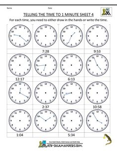 telling time to 1 minute sheet for each hour to draw in the hands or write the time