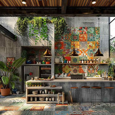 76 Brutalist Kitchens: Harmonizing Concrete Coolness with Tropical Warmth Modern Green Interior, Brutalist Kitchen Design, Industrial Mediterranean Home, Industrial Kitchen Aesthetic, Interesting Home Decor, Tropical Industrial House, Tropical Modern Interior, Kitchen Design Elegant, Brutalist Kitchen