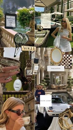 a collage of photos with various items and people in the background, including a car