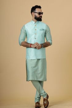 Important Instructions : We request you to kindly calculate the processing time of your order  after the mutual confirmation on Bespoke measurements between us has taken place (either via message , e mail or form) "Crafted with Passion in India; loved by men across the USA, Canada, Europe" Product Specifications : Material: Banarasi Silk Color: Sea Foam Jacket with Sea Green Kurta Pajama Collar type: Mandarin Jawahar Jacket With 6 Buttons in Front Package contents: 1 Half Jodhpuri Jacket + 1 Kur Green Chanderi Nehru Jacket Straight Kurta, Green Chanderi Nehru Jacket In Straight Kurta Style, Designer Green Chanderi Nehru Jacket, Green Chanderi Nehru Jacket For Transitional Season, Transitional Green Chanderi Nehru Jacket, Green Chanderi Nehru Jacket With Zari Work, Green Chanderi Bandhgala With Long Sleeves, Festive Pista Green Nehru Jacket For Designer Wear, Transitional Designer Nehru Jacket In Pista Green