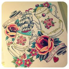 a drawing of teapots and roses with ribbon around them