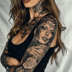 Illuminated Sleeve Tattoos For Women Tattoo Kit Unique Sleeve Tattoos For Women Ideas, Indian Woman Tattoo Design, Girl Sleeve Tattoos, Women’s Half Sleeve Tattoo Ideas, Medusa Inspired Tattoo, Full Arm Sleeve Tattoos For Women, Womens Chest Tattoo Ideas, For Women Tattoo Design, Girly Sleeve Tattoo