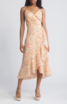 This sleeveless midi, fashioned with a wrapped bodice and a ruffled high/low skirt, is sure to be a warm-weather favorite. 33" to 41 1/2" center front length (size Medium) Hidden back-zip closure Surplice V-neck Adjustable straps Lined 99% polyester, 1% spandex Machine wash, line dry Imported High Low Skirt, Wrap Midi Dress, Pleated Maxi Dress, Pleated Maxi, Green Midi Dress, Floral Midi Dress, Nordstrom Dresses, Warm Weather, High Low