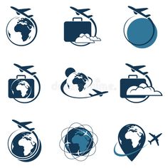 travel icons set with airplane and globe on white background royalty illustration