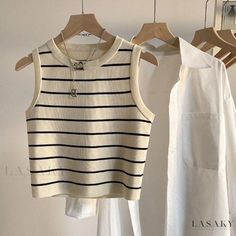 Lasaky - Delicate Drop-Waist Blouse with Tied Neck and Short Sleeve Design Striped Cami Tops, Halter Neck Blouses, Lace Trim Blouse, Striped Vests, Oversize Women, Backless Top, Summer Stripes, Peasant Style, Casual Vest