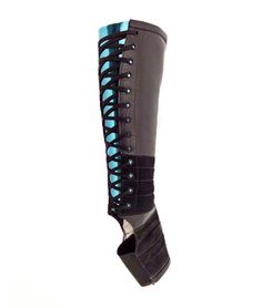 Black VEGAN Aerial Boots w/BLUE metallic back. -Shaft and back tongue made of man made faux leather (backed with nylon fabric) -Panels around ankle and across top of the foot are made of man made faux suede  -Blue metallic back tongue is made of metallic PU leather with a mirror finish, which can get a crease effect with wear - see picture with used back panel next to metallic PU leather roll. Aerial Costume, Leather Roll, Costume Ideas, Wrap Bracelet