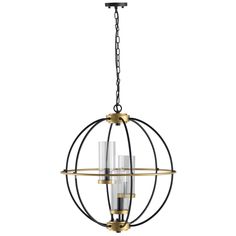 an orb chandelier with three lights hanging from the bottom and one light on top