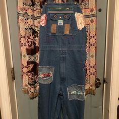 Very Magnolia Pearl Looking Funky Overalls Shown Worn By 5’3 125 Lbs ..& 5’9 160 Lbs Each Patch Embroidered On Really Cool With Sports Bra One Strap Hanging Off Can Be Rolled Up Higher Too. 15 Hours Of Work Funky Overalls, Liberty Blue, 125 Lbs, Magnolia Pearl, Magnolia, Pant Jumpsuit, Jumpsuit Romper, Overalls, Sports Bra