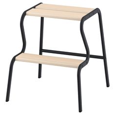 two tiered stools with black legs and wood seat padding on each side