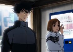 two anime characters standing next to each other in front of a vending kiosk