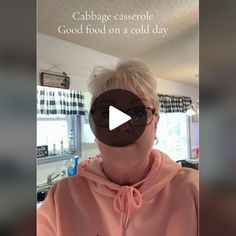 an old woman with glasses on her face and the caption says cabbage casserole good food on a cold day