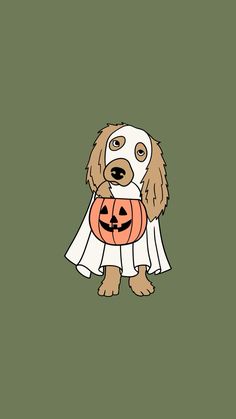 a dog wearing a ghost costume holding a jack - o'- lantern in its mouth