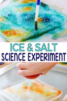 an ice and salt science experiment is shown in the process of being made with colored liquid