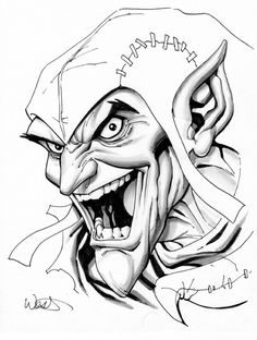 a drawing of an evil clown with his mouth open