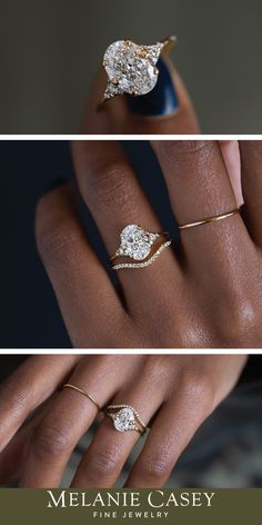 three different views of an engagement ring with diamonds on the side and in between them