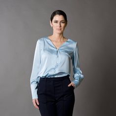 Light Blue Long Sleeve Blouse, Vintage Blouse With Fabric buttons, Classic office blouse, V-neck bus Deep Neck Dress, Business Blouse, Flare Dress Casual, Minimalist Blouse, Blouse Satin, Retro Blouse, Silk Tops Blouses, Viscose Blouse, Office Blouse